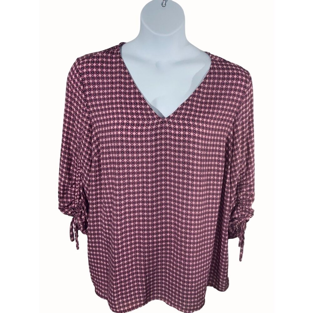 Como Blu Colorful Abstract Print Quarter Tie Cuff Sleeve V-Neck Blouse Top 1X